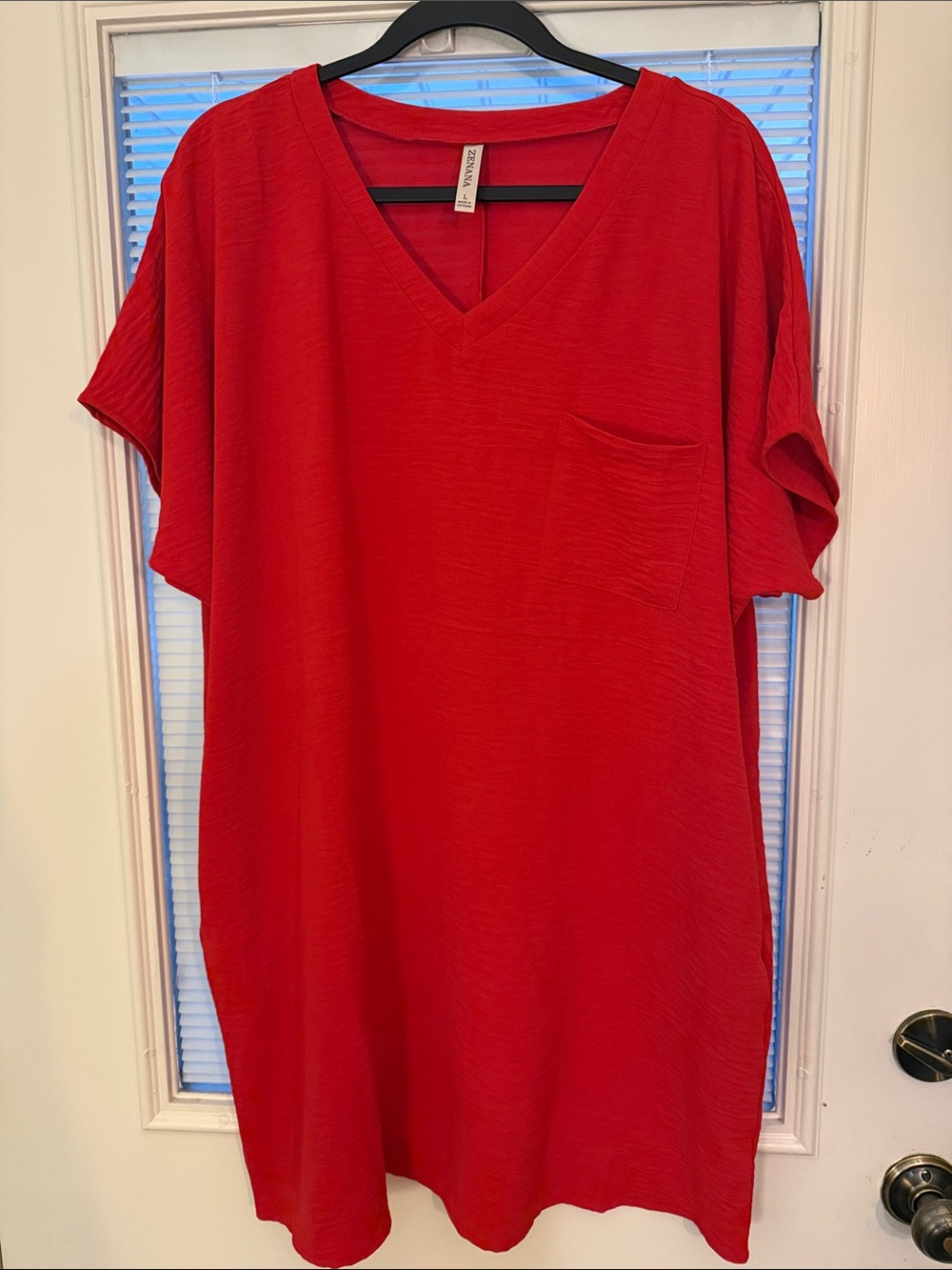 Zenana Woven Airflow V-Neck T-Shirt Dress with Pockets in Ruby Red